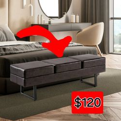 BarberPub 3-Seat Leather Bench With Cushions 440 lbs Capacity, Brown