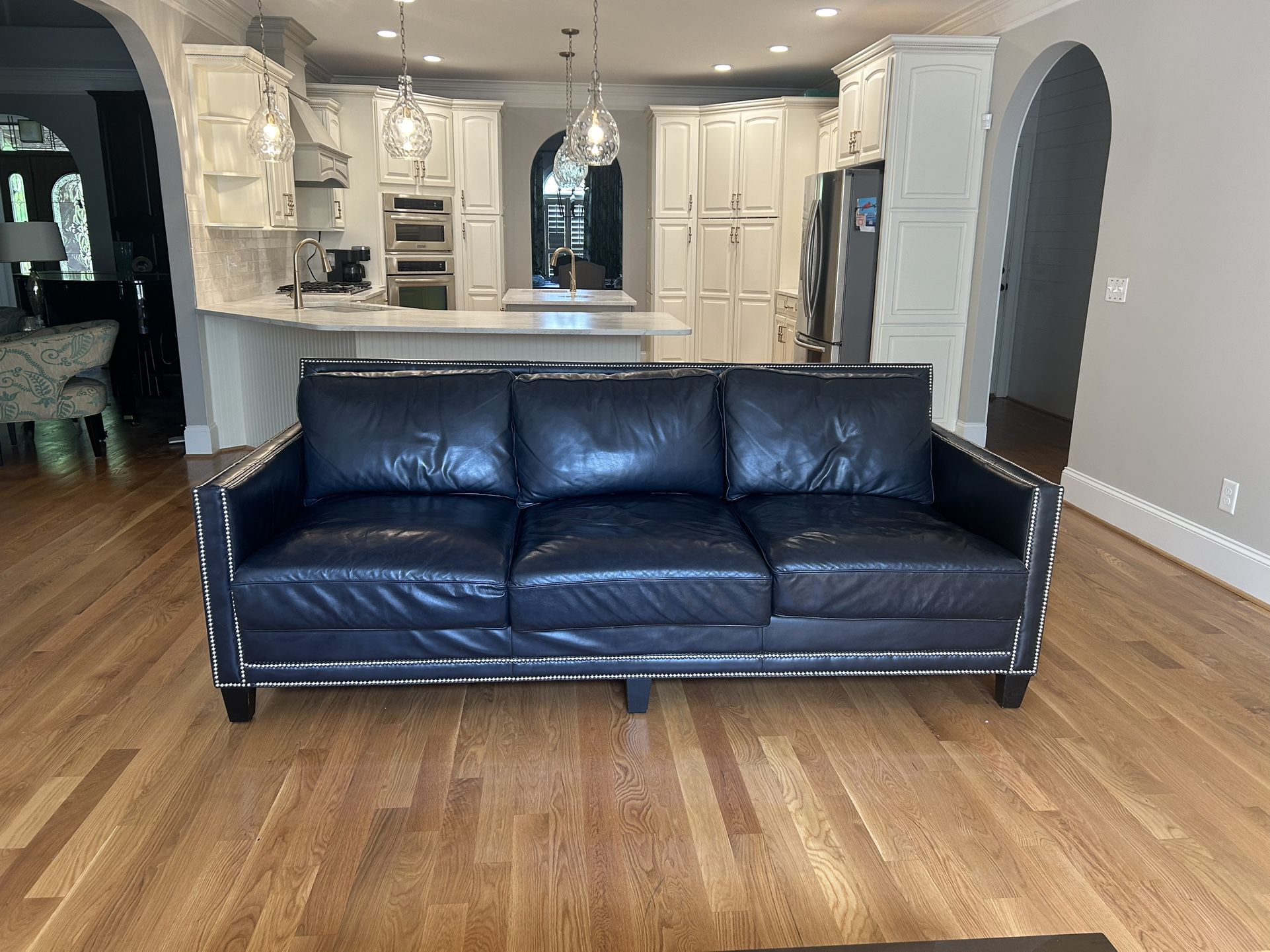 Navy Leather Sofa with nailheads