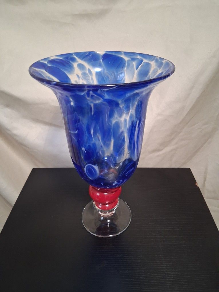 Murano Style Hand Blown Blue,white,red Glass Pedestal Vase