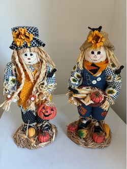 Vintage 2002 Set Of 2 Fabric Mache Scarecrows