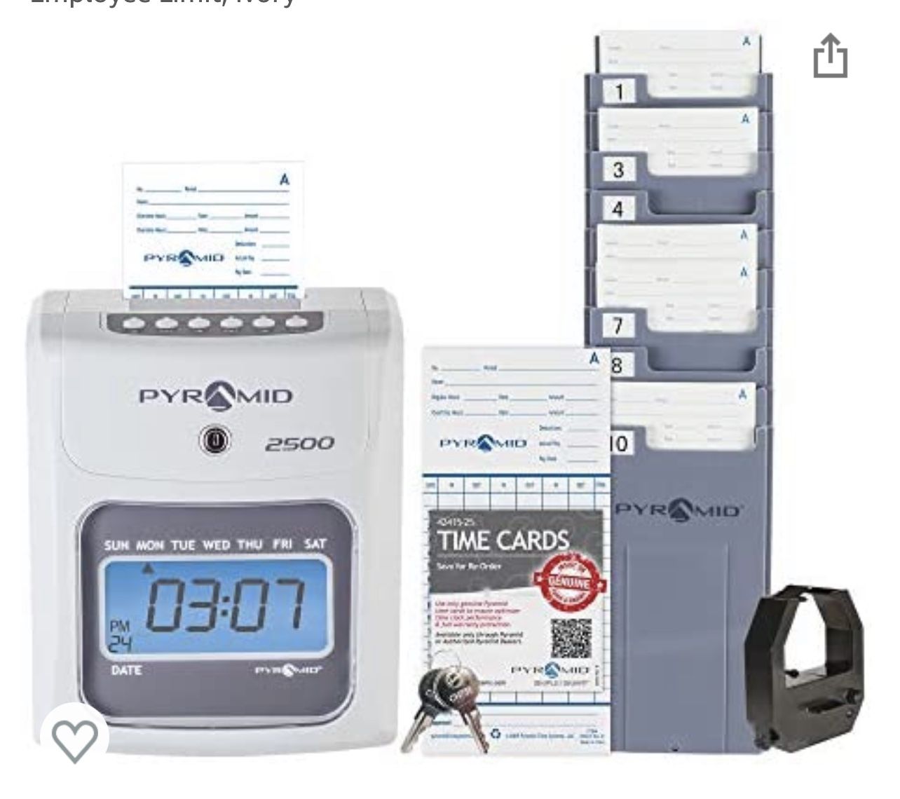 Pyramid Time Systems Model 4000 Auto Totaling Time Clock, 50 Employees, Includes 25 time Cards, Ribbon, 2 Security Keys and User Guide, Made in USA, S