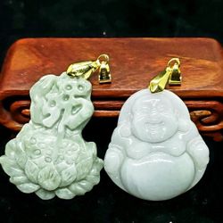Burmese Jadeite jade Type A Pendant Lucky happy Buddha & Buddha Lotus. 