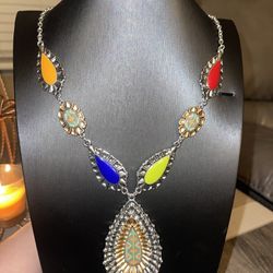 BRAND NEW - Costume Jewelry - Multi-colored Stones Silver Necklace - Long Length