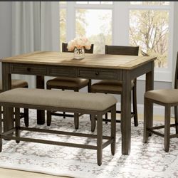 6-Piece Counter Height Dining Set – Table, 4 Chairs & Bench (Storage Drawers) 