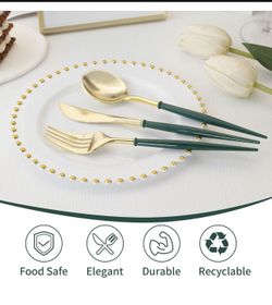 150 Pcs Gold Plastic Silverware - Disposable Flatware with Green Handles