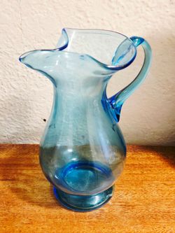 Vintage MCM Glass Blue Pinched Top Pitcher BEAUTIFUL
