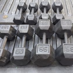 SET OF STEEL HEX DUMBBELLS  (PAIRS OF)  :  15s   20s   30s   55s