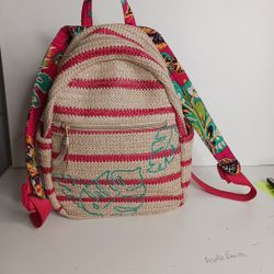 Vera Bradley Straw Woven Mini Backpack Pink & Beige Striped w Embroidered Leaves