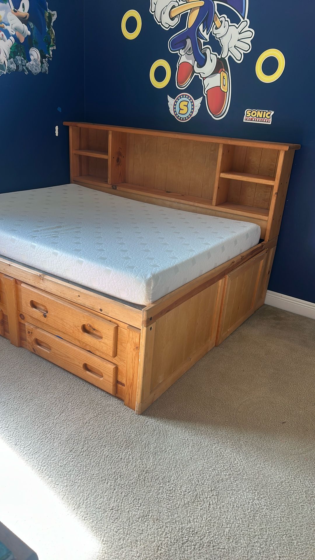 Kids Wooden Bed Frame With 4 Storage Drawers & Bookshelf’s