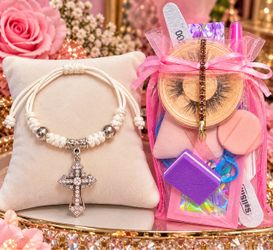 NWT Adjustable Rhinestone Cross Charm Bracelet & Handmade Beauty Gift Bag