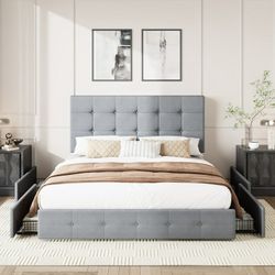Queen Size Platform Bed Frame with Square-stitched Headboard and 4 Drawers, Light Gray