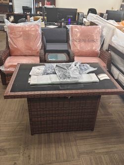 4 Piece Wicker Outdoor Furniture Set with 6-inch Comfy Cushions, High Back Patio Furniture Set with Swivel Rocking Chairs and Fire Pit Table