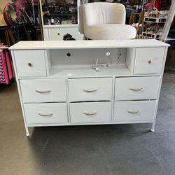 8 Fabric Drawer Dresser with Power Outlets and LED Lights, TV Stand