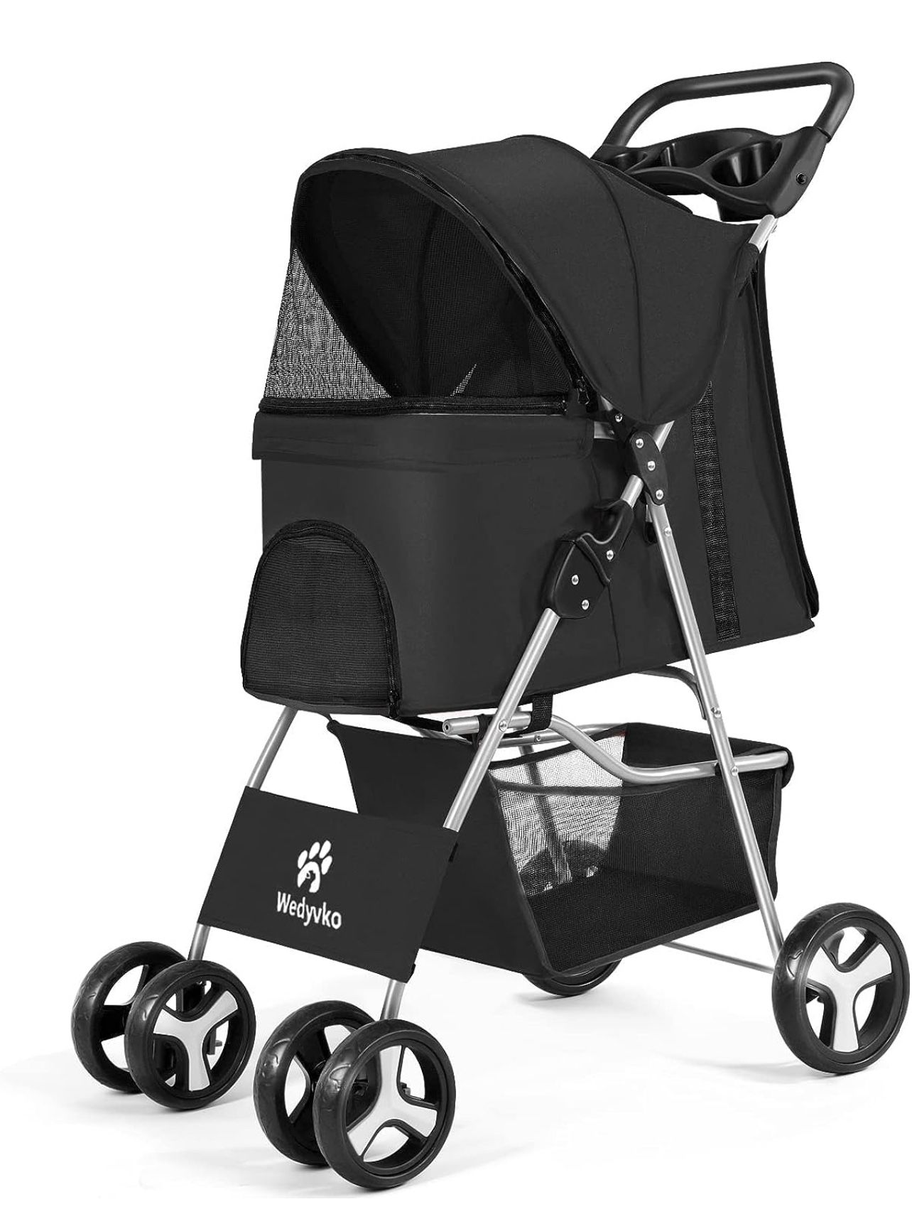 Pet Dog Stroller, 4 Wheel Foldable Cat Dog Stroller with Storage Basket, Handle 360° Front Wheel Rear Wheel with Brake for Small Medium Dogs & Cats (B