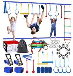 Ninja Warrior Obstacle Course for Kids,2×56ft Slackline Kit with 10 Ninja Accessories - Monkey Bar,Rope Ladder,Gymnastic Ring,Arm Trainer and Monkey F