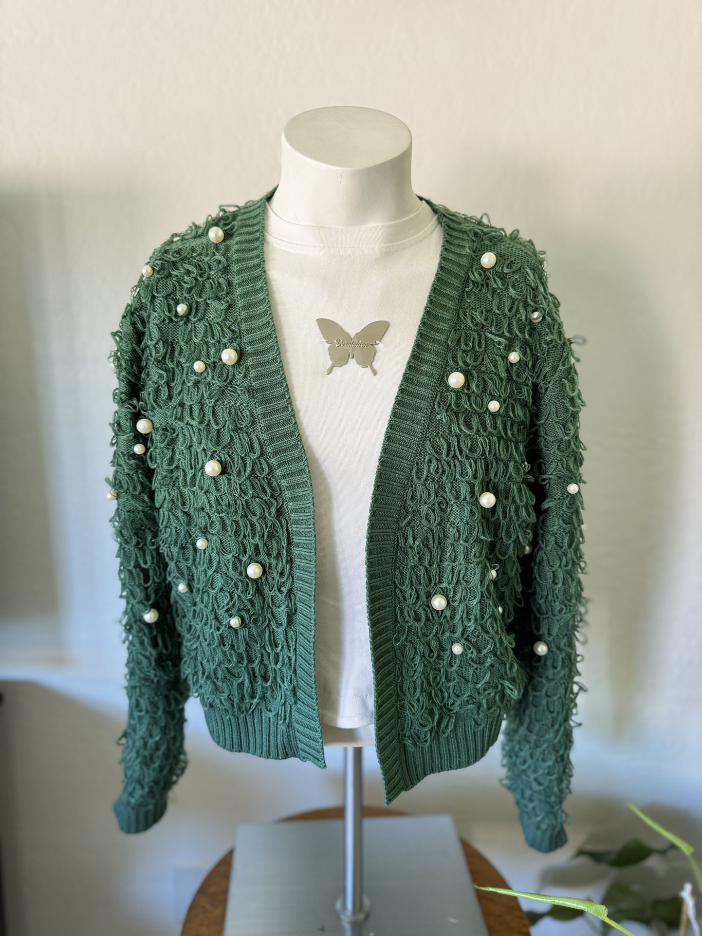 Women's Green Loop and Pearl Cardigan Sweater Size XXL ~ NWoT