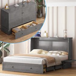 In box Queen Murphy Bed Cabinet Foldable bed cabinet, Space Saving Convertible Cube Bed for Bedroom Guest Room (Gray, Cabinet A) with USB Charging Sta