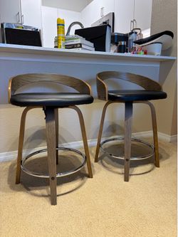 Modern 24” Swivel Bar Stools – Leather Seats & Wood Finish (Set of 2)