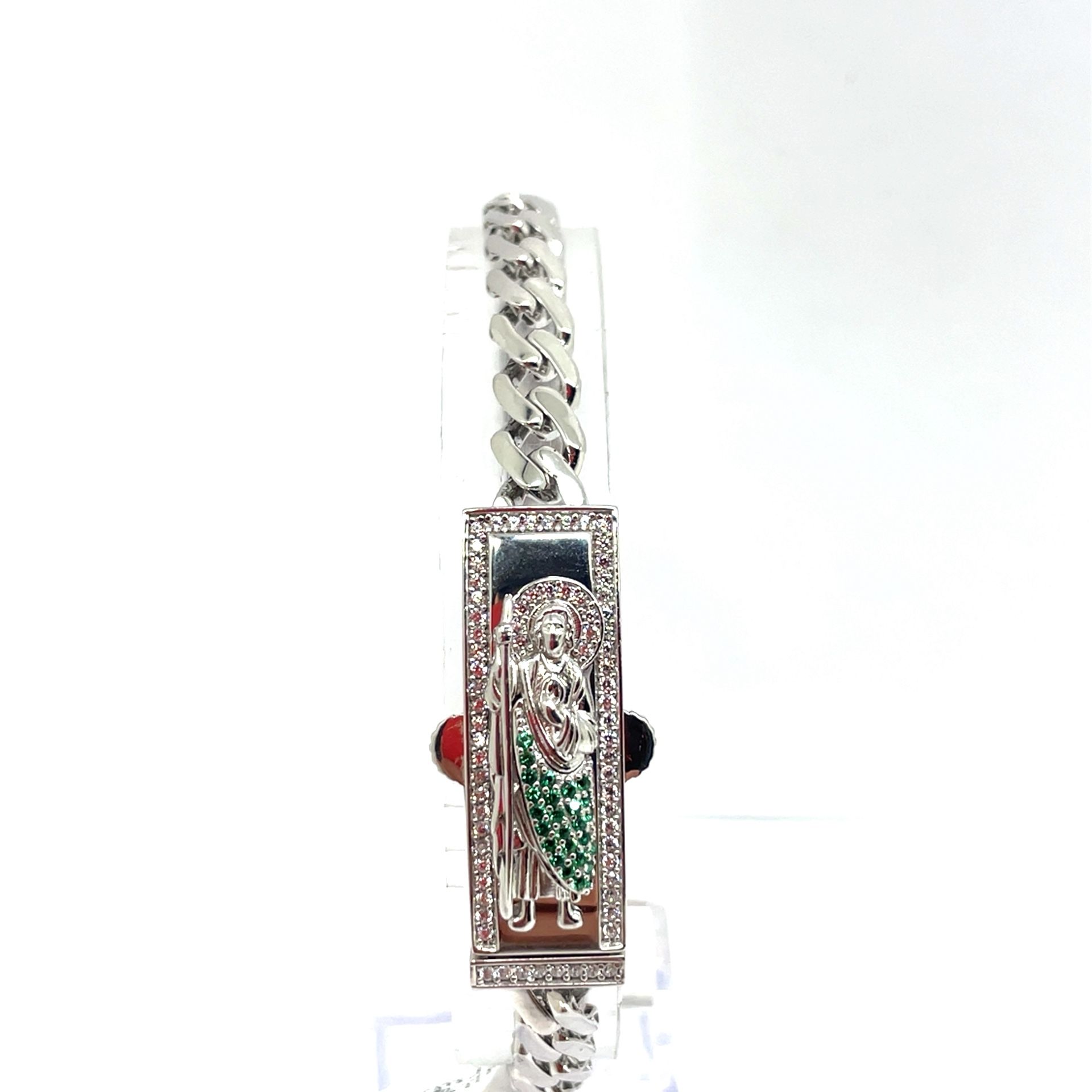 925 Sterling Silver 8” CZ San Judas Cuban Bracelet 13.70g 198090/3