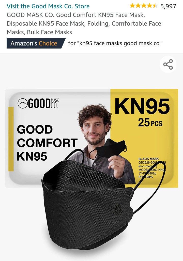 GOOD MASK CO. Good Comfort KN95 Face Mask, Disposable KN95 Face Mask, Folding, Comfortable Face Masks, Bulk Face Masks