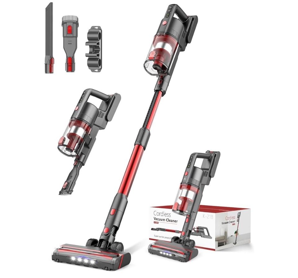 Cordless Rechargeable Vacuum Cleaners, Powerful Vacuum Up to 35 Mins Runtime with 85,000PRM Motor, 2 Adjustable Suction for Home (Gray Red)