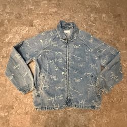 teddy fresh large blue denim jacket scripted 2020 zipped front collared unlined 