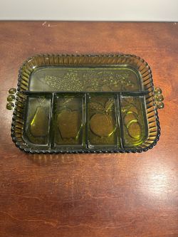 Vintage 1970s Pyrex- style glass snack/serving tray with fruit embellishment