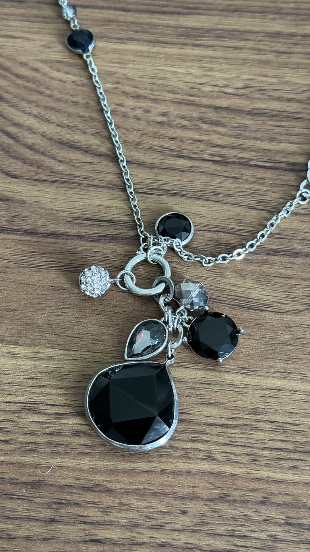 Women’s Long Silver-Tone Necklace with Black Crystal Charms