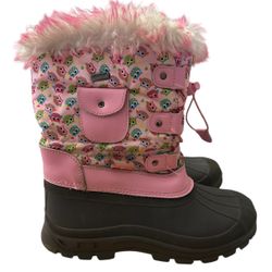 Youth Girls Winter Snow Boots – Size 5 – Owl Print, Pink & Black