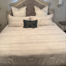 Like new upholstered king size bed with adjustable base with remote control