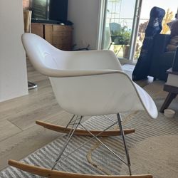 Eames style Mid‑Century Modern Style White Rocking Chair – Molded Shell + Wood Runners