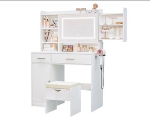White Vanity with LED Mirror and Power Outlet