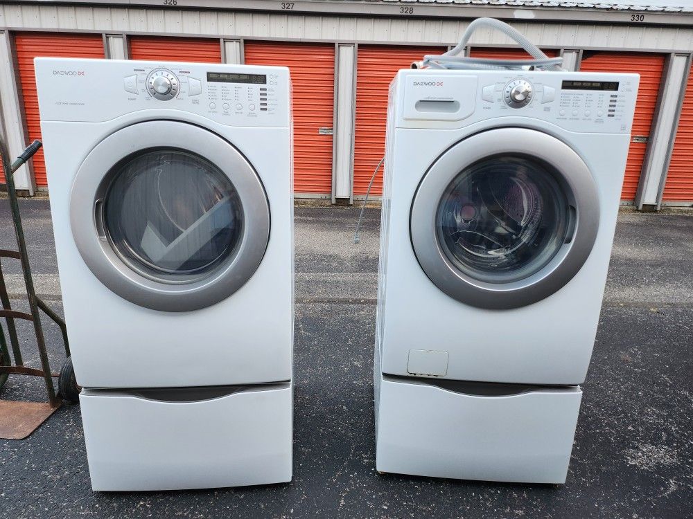 Daewoo Front-Loader Washer and Dryer with Pedestal Drawers