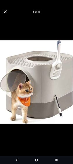 Feandrea Cat Litter Box with Lid, XL Enclosed, Slide-Out Tray, Scoop
Brush, for Large Cat, Anti-Tracking, Anti-Leaking, Oatmeal and Warm Gray, UPPT002