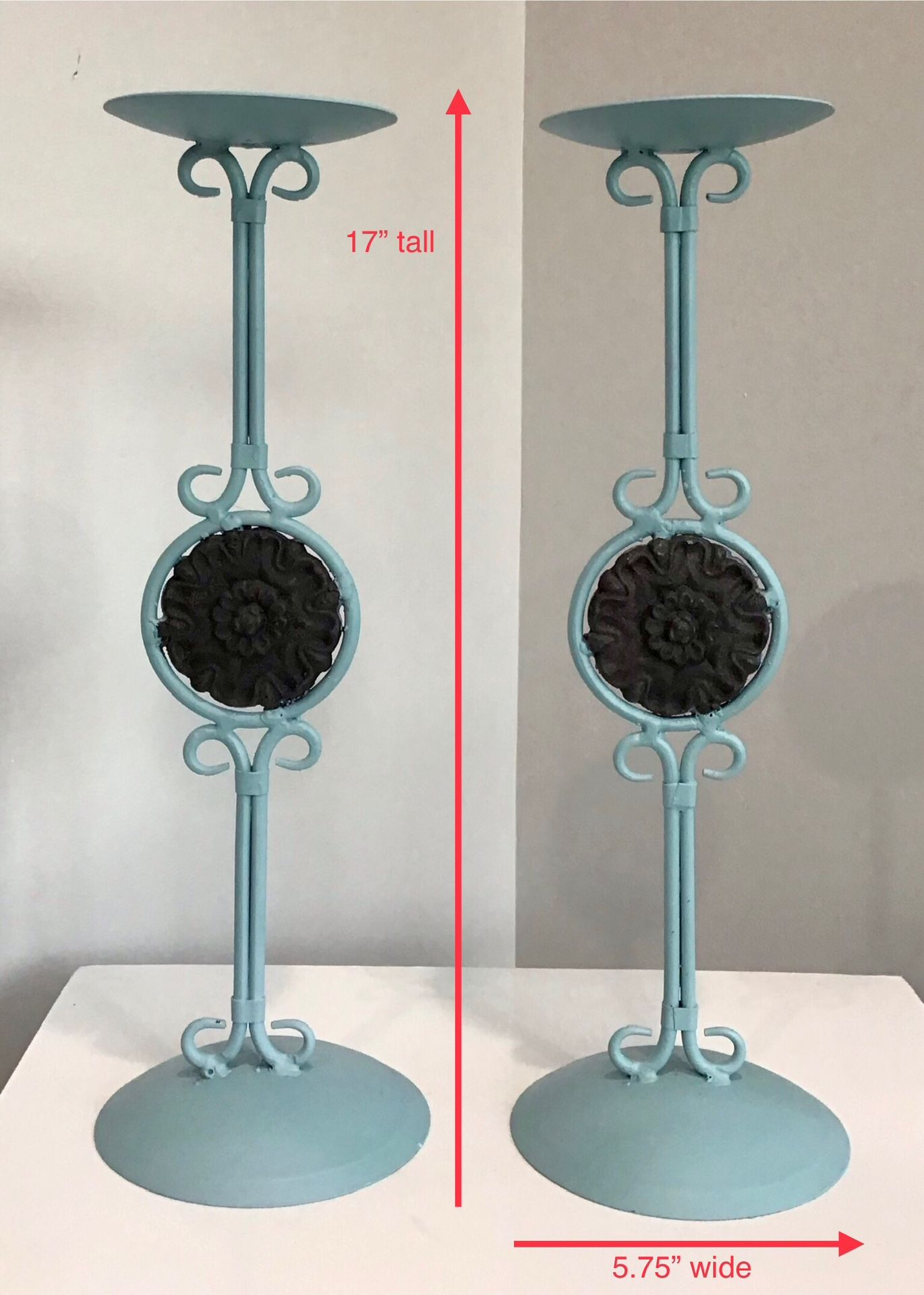 Juniper Blue Tall Metal Candle Holders for Pillar Candles with Thick Espresso Metal Accents
