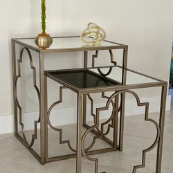 2Pc. Brushed Gold Mirror Top Nesting End Tables