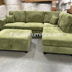 New! 106” Plush Sage Green Sectional, Sectional And Storage Ottoman, Sectionals, Sofa, Couch, Beige Couch, green Couch, Corduroy Sectional, plush Sofa