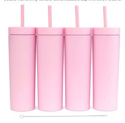 8 Pack,Double Wall Clear Plastic Skinny Tumblers Bulk,Reusable Travel Cute Coffee Mug,Acrylic Water Cups With Straw Cleaner for Drinks,Party,Gifts(Pin