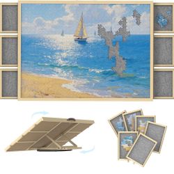 1500 Pcs Rotating Puzzle Board with 6 Drawers & Cover, Wooden Puzzle Table with Lazy Susan Spinning,Portable Jigsaw Wood Table with Non-Slip Felt 35"x