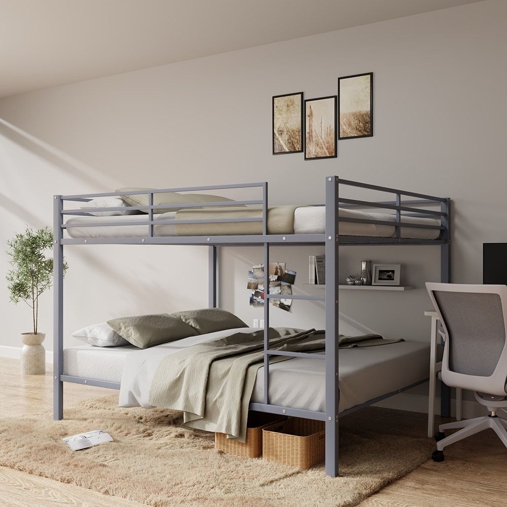 NEW Gray Full Over Full Heavy Duty Metal Bunk Bed, Built-In Ladder, Safety Rails, No Boxspring