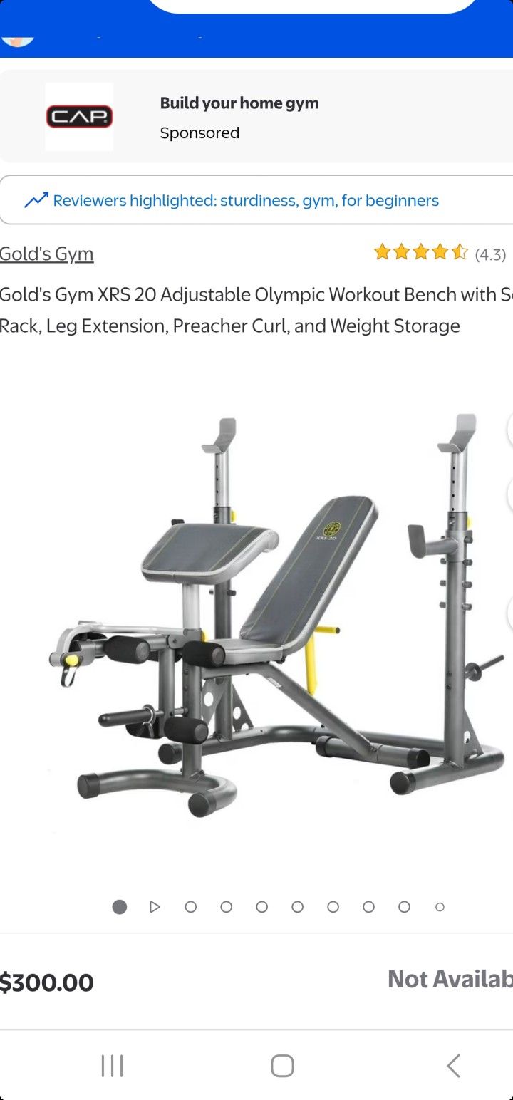 Gold's Gym XRS 20. Adjustable Olympic Workout Bench With Squad Rack, Adjustable Safety Spotters And Weight Storage. Leg Extension, Preacher Curl.