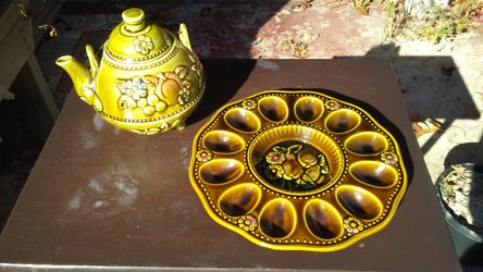 Vintage Antique Ceramic Teapot & Deviled Egg Plate from Japan