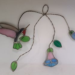 Beautiful Vintage Stained Glass Hummingbird And Flowers Suncatcher 