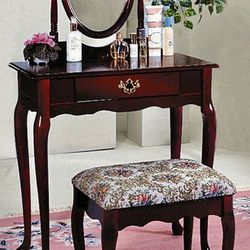 Cherry finish wooden vanity table with mirror and stool