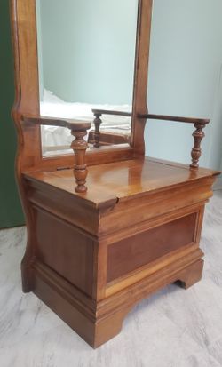 Antique  Oak Hall Tree w/ Full Mirror and Bench, Made In U.S.A.