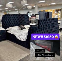 Modern Bed Frame with TV Lift & LED Fireplace