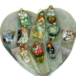 Wedding GLASS 11 Ornaments Vintage Heart Boxed Set Bride Groom Doves Church Love
