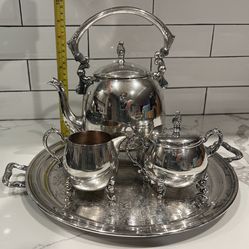FULL SET SHERIDAN SILVER ON COPPER PLATE TEAPOT SUGAR CREAMER TRAY