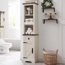 Bathroom Storage Cabinet, Farmhouse Storage Cabinet with Adjustable Shelves & Storage Drawer, Tall Linen Tower for Bathroom  Material Wood R