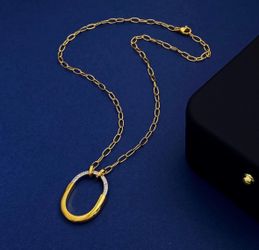Gold Oval Pendant Necklace with Crystal Accents